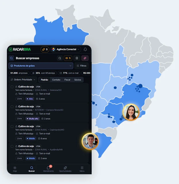 Tela Buscar empresas do RadarBRA sobre o mapa do Brasil